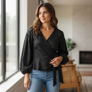 Bacio Black Floral Textured Wrap Peplum‎ Blouse With Bishop Puff Sleeves Size M